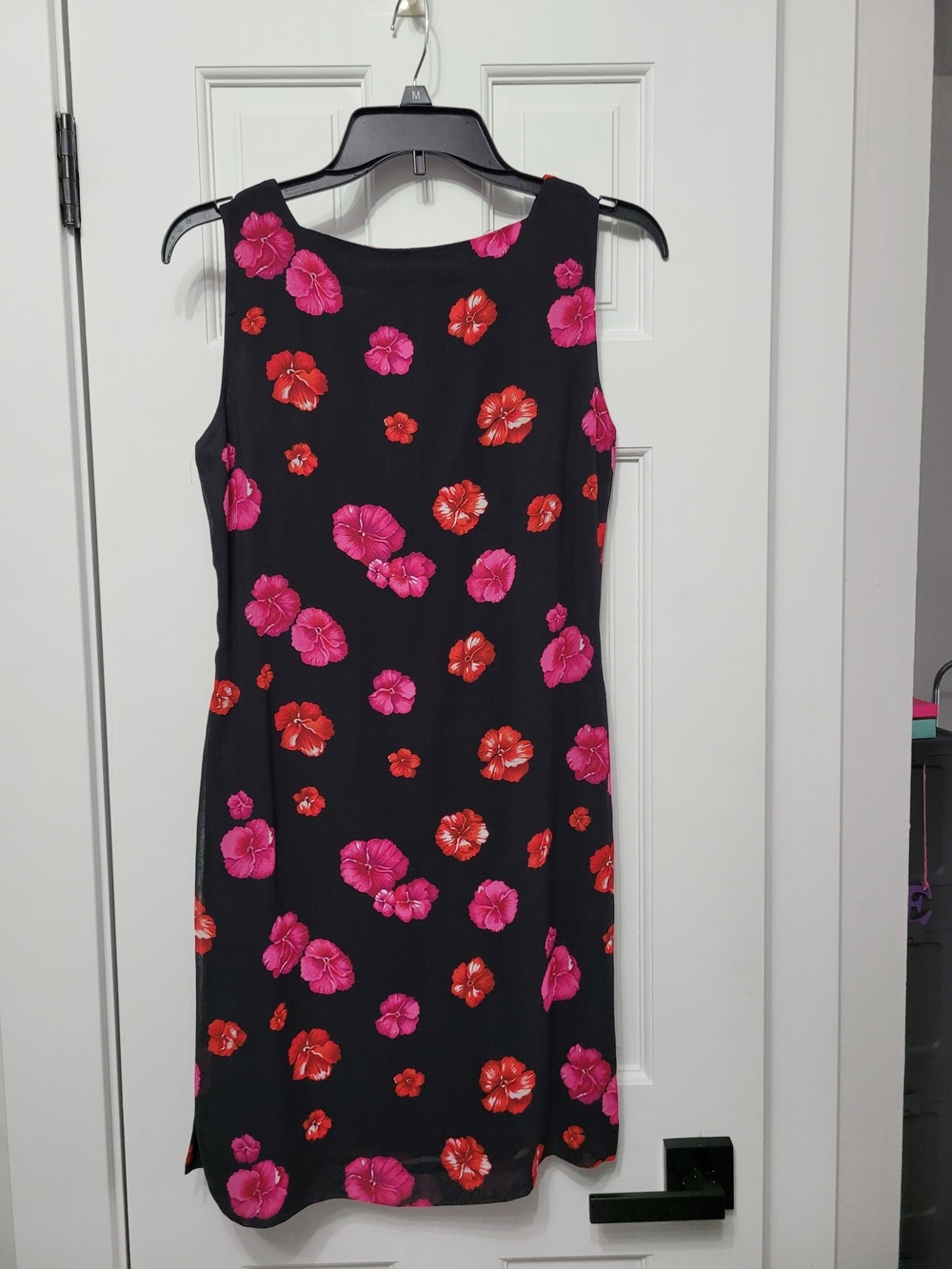 Vintage Petite Sophisticate Black Midi Dress with Pink & Red Floral Print - Picture 3 of 3